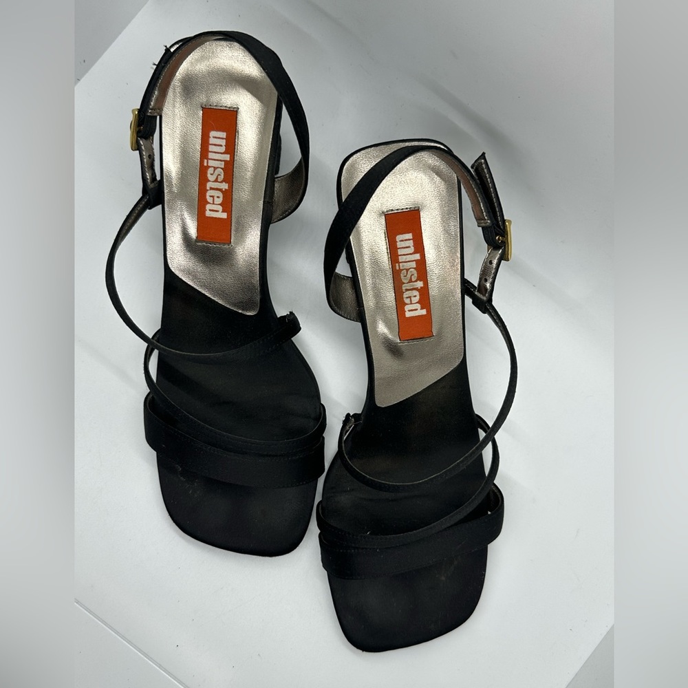 Unlisted black satin strap 2” heels